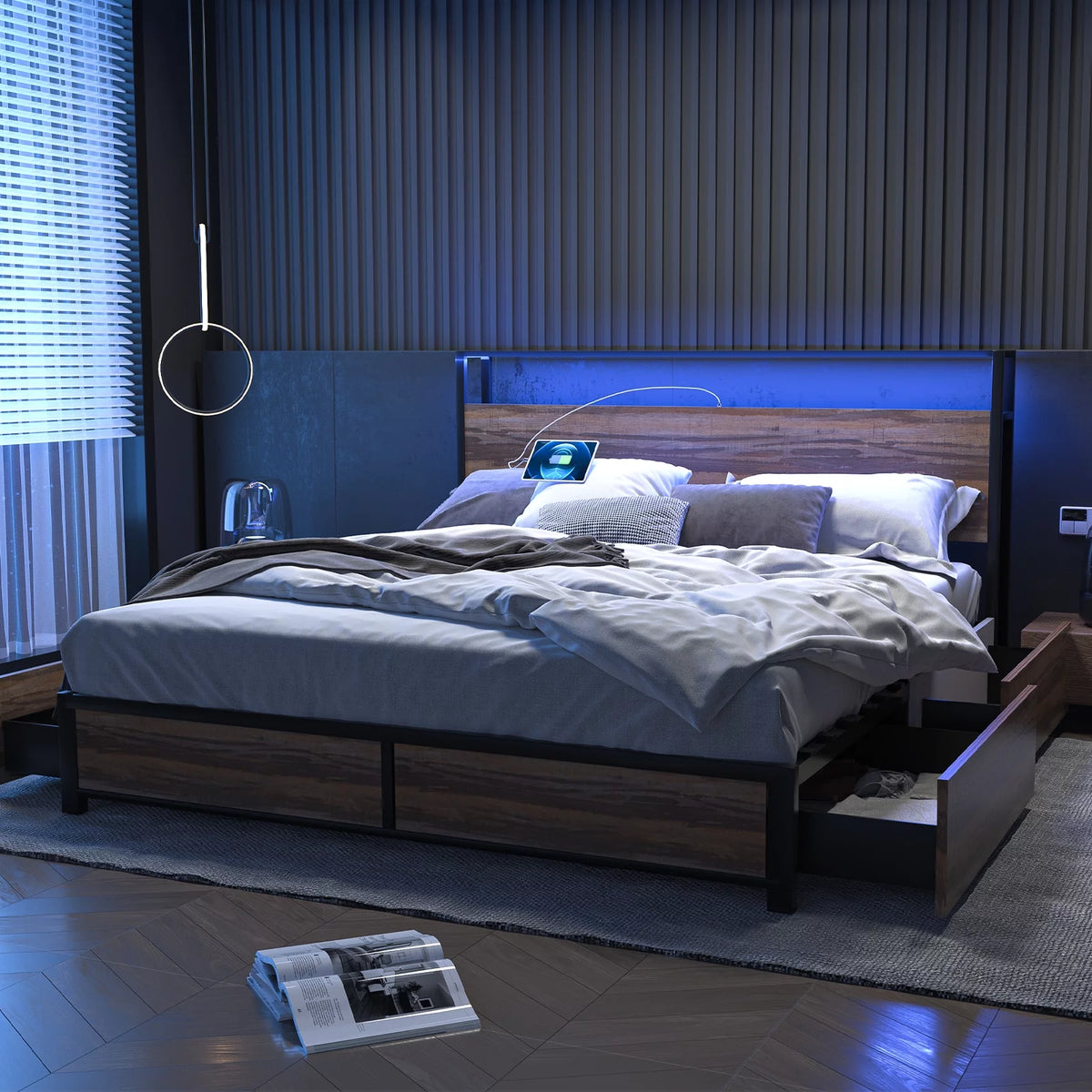 Queen Size LED Metal Bed Frame with 4 Storage Drawers and Headboard W29057