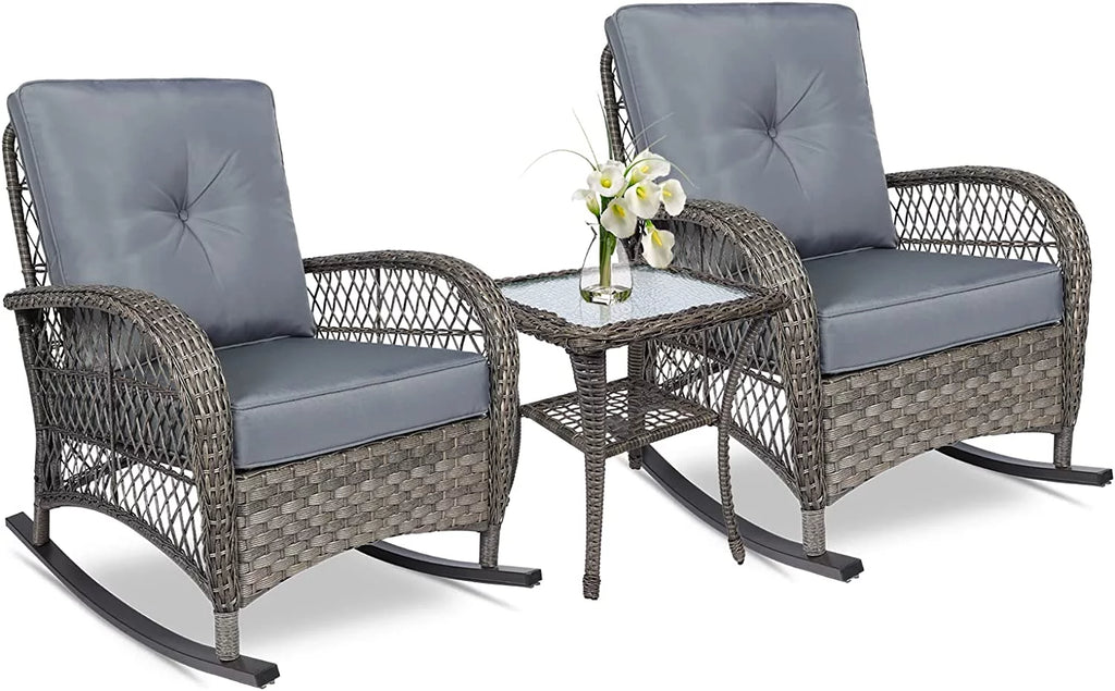 3-Piece Outdoor Wicker Rocking Bistro Set with Glass Top Side Table P504