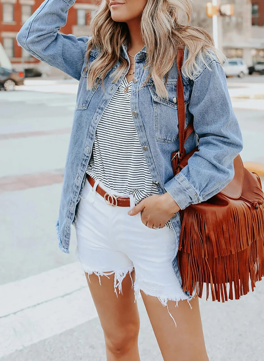 Sky Blue Long Sleeve Loose Denim Jacket R66153