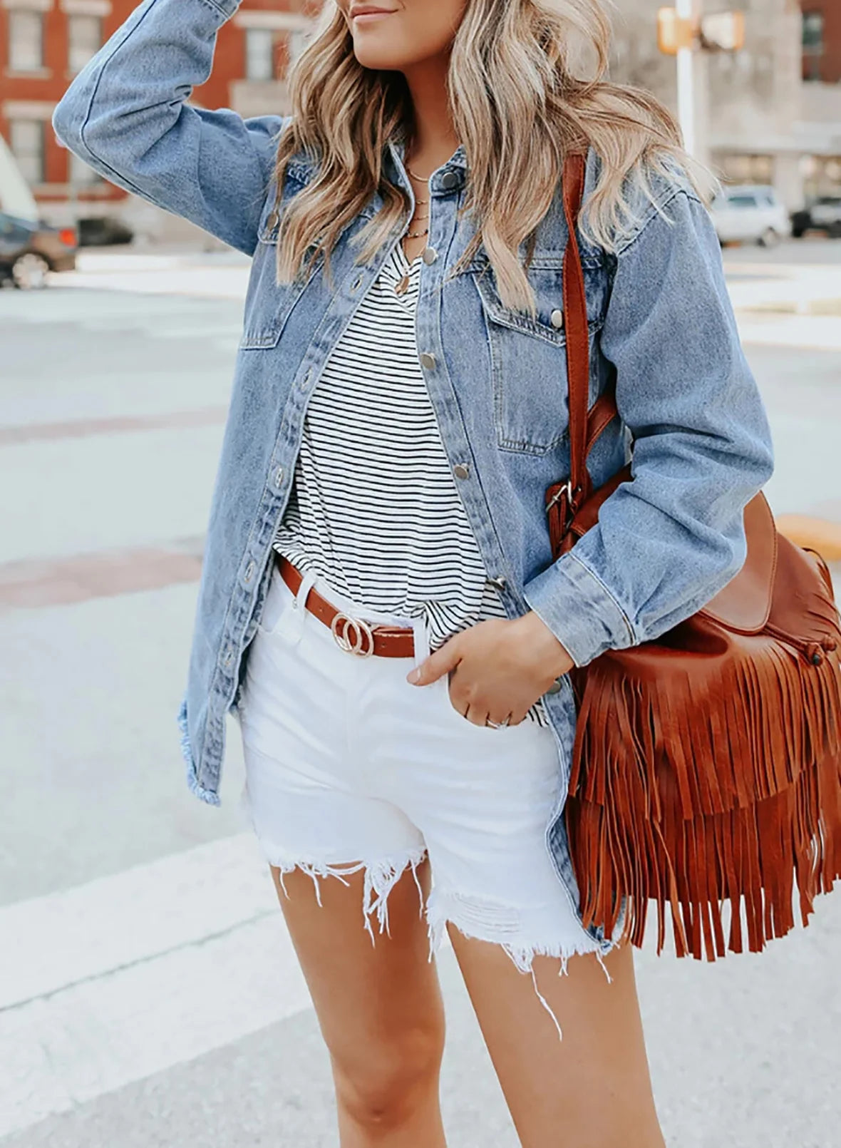 Sky Blue Long Sleeve Loose Denim Jacket R66153