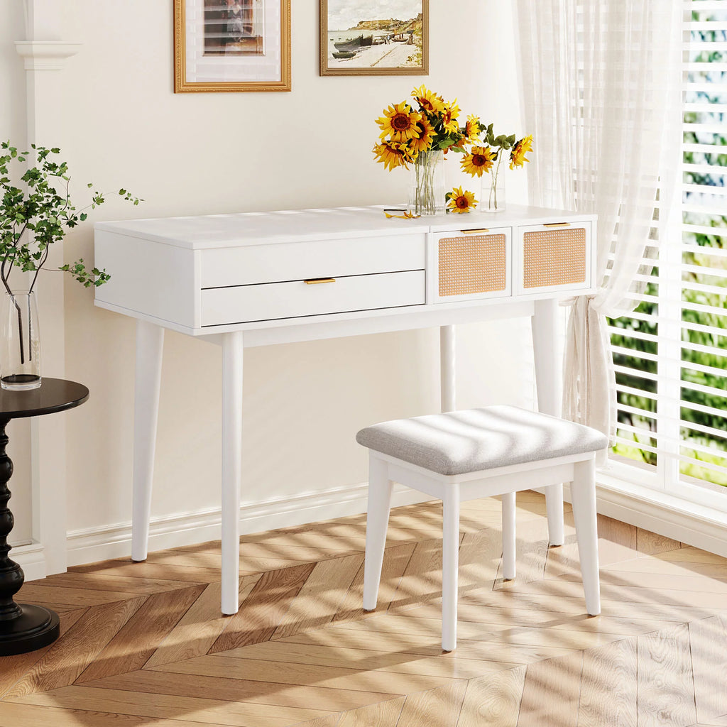 White Wood Makeup Dresser with Flip-top Mirror and Stool A61320