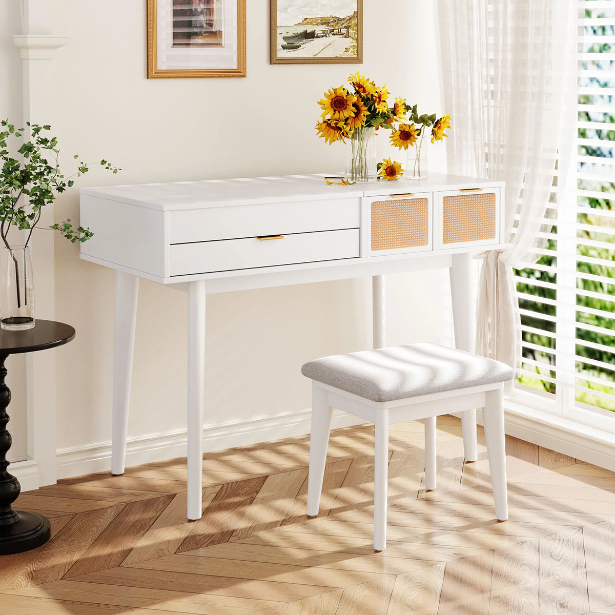 White Wood Makeup Dresser with Flip-top Mirror and Stool A61320