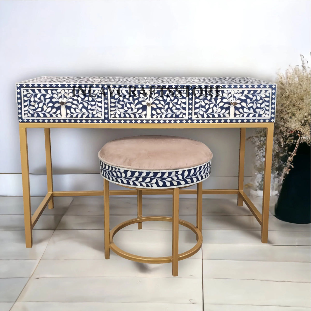 Bone Inlay 3 Drawers Console and Stool Indigo Blue V74347