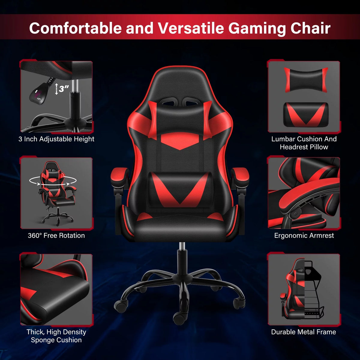 Black Red Ergonomic Adjustable Swivel Gaming Chair U45266