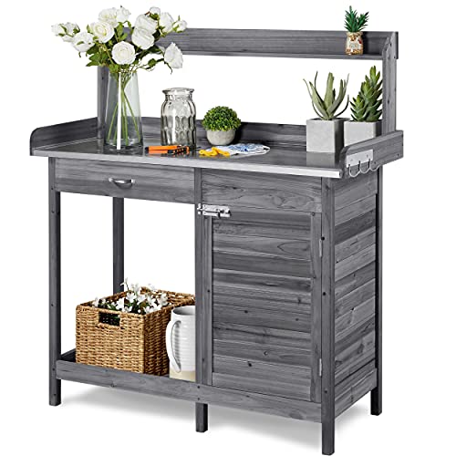 Gray Wooden Potting Bench with Cabinet Drawer B81619