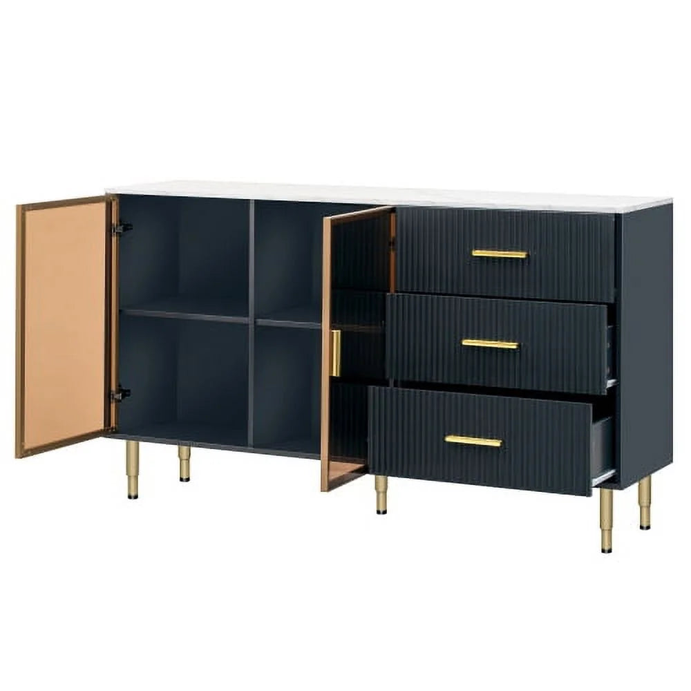 Modern MDF Buffet Cabinet with Tempered Glass Doors and Gold Metal Legs J6707