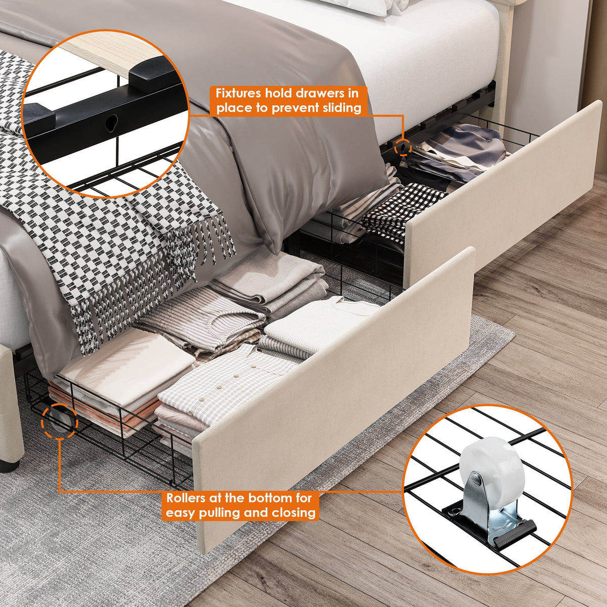 Full LED Bed Frame with 4 Storage Drawer, Upholstered Platform Bed with Adjustable Headboard, Black F7891