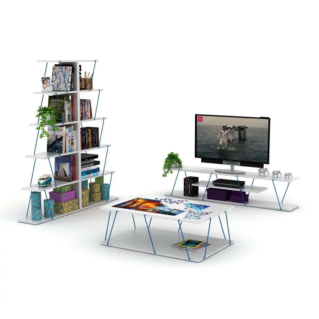 Modern 5 Tier Ladder Bookshelf, White/Blue X206547