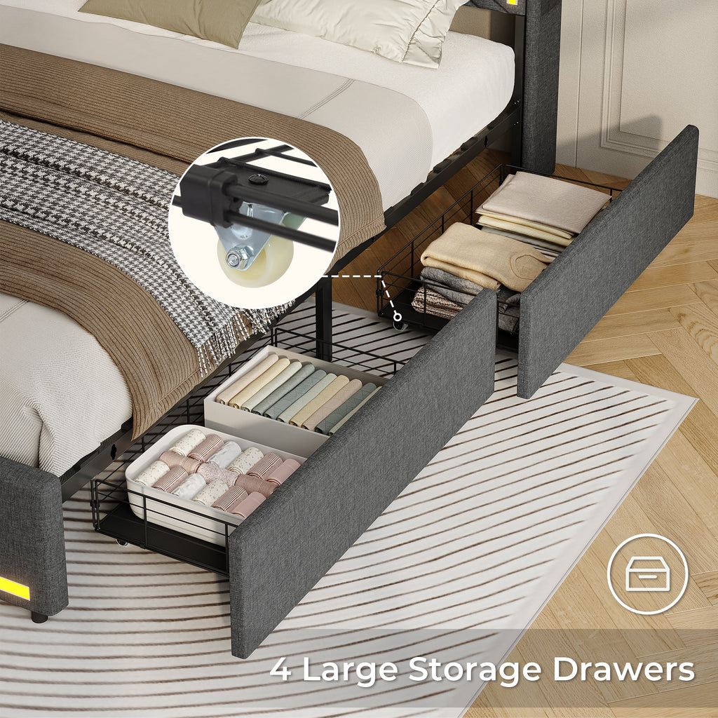Queen Bed Frame with LED Lights Headboard and Charging Station, Upholstered Platform Bed with Storage Drawers, Dark Gray Q31804