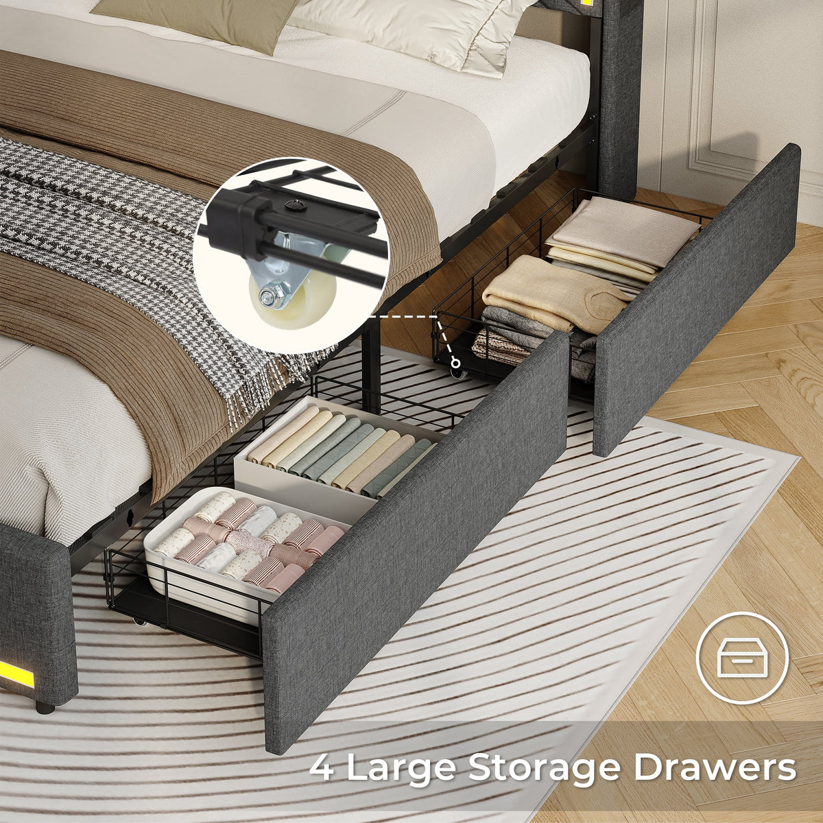 Queen Bed Frame with LED Lights Headboard and Charging Station, Upholstered Platform Bed with Storage Drawers, Dark Gray Q31804
