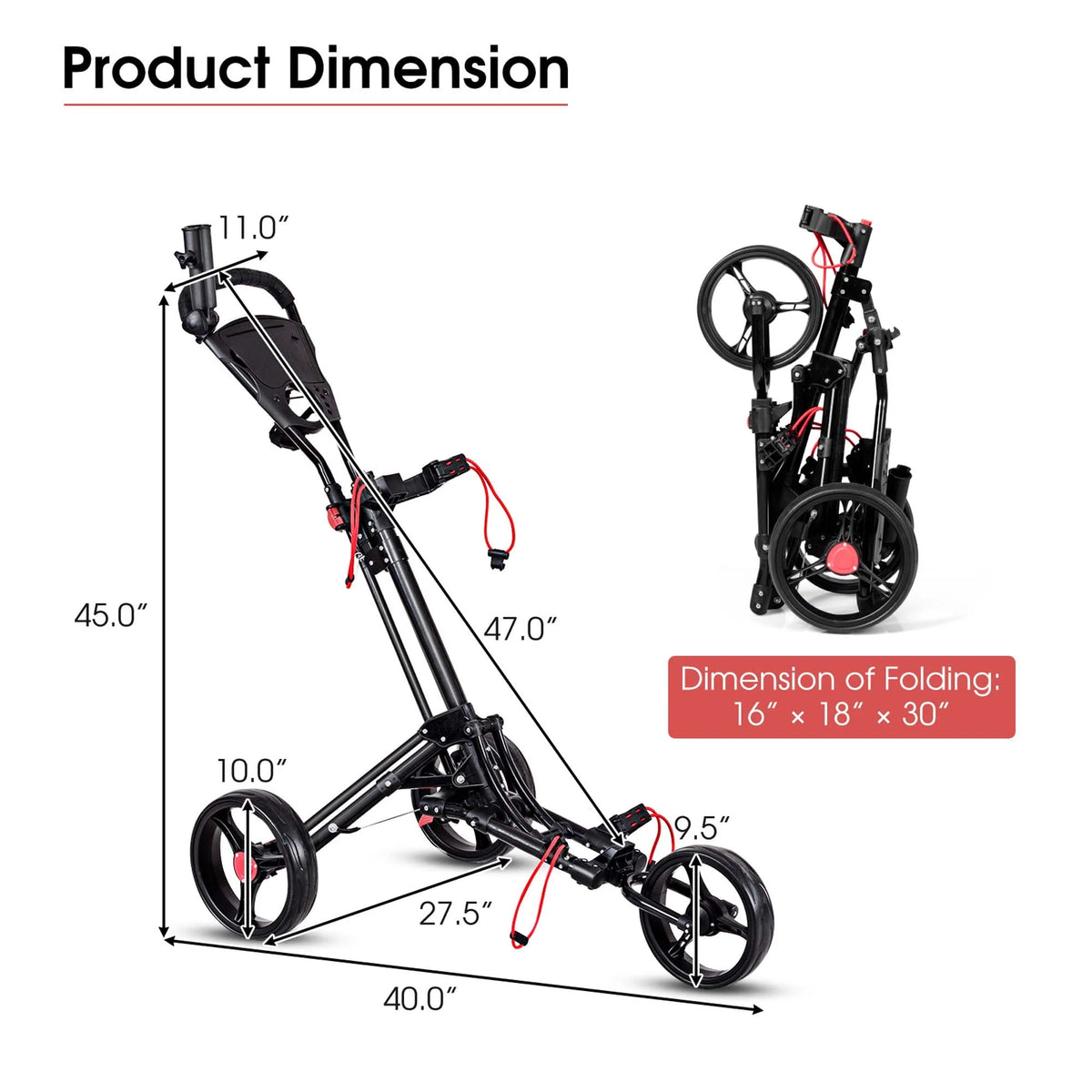 Foldable 3 Wheel Steel Golf Push Cart with Umbrella Holder K375