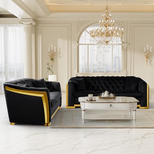 Grey Velvet Tufted Sofa with Gold Legs L158141
