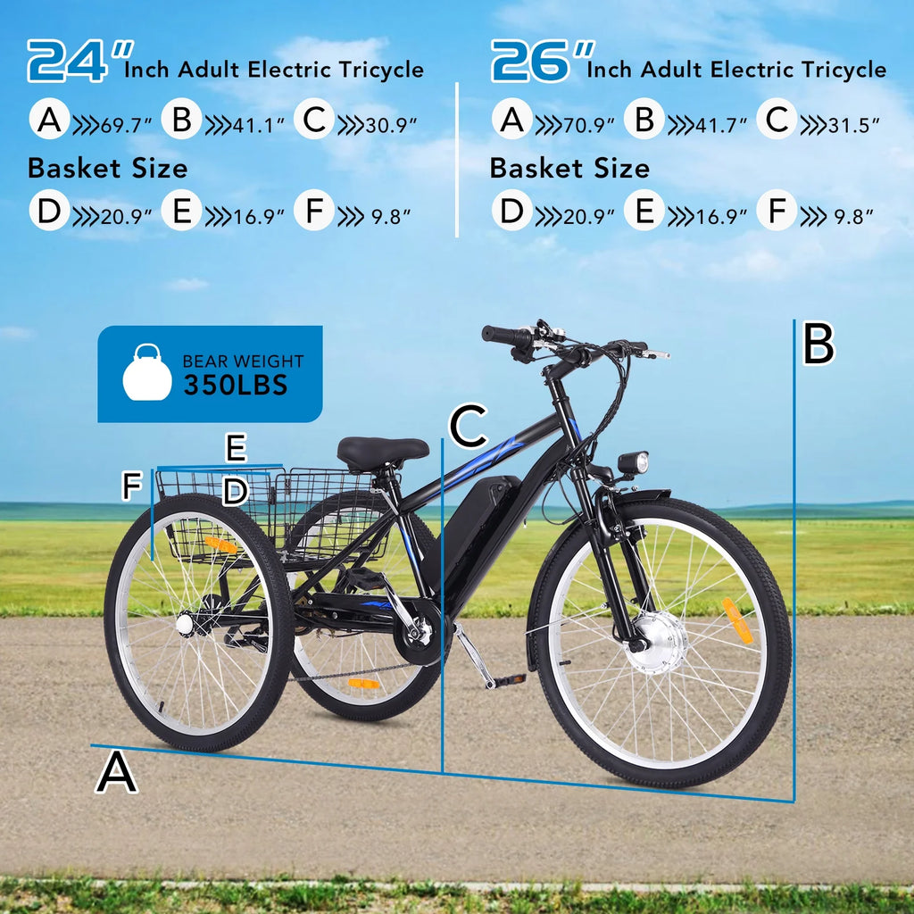36V 350W 10AH 3 Wheels Fat Tires Electric Tricycle with Rear Basket, Blue W694