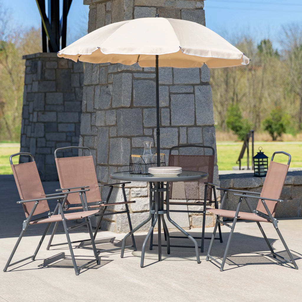 6-Piece Patio Set with Glass Table, Umbrella, and 4 Folding Chairs, Black D615056