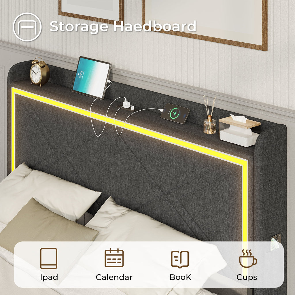 Queen Bed Frame with LED Lights Headboard and Charging Station, Upholstered Platform Bed with Storage Drawers, Dark Gray Q31804