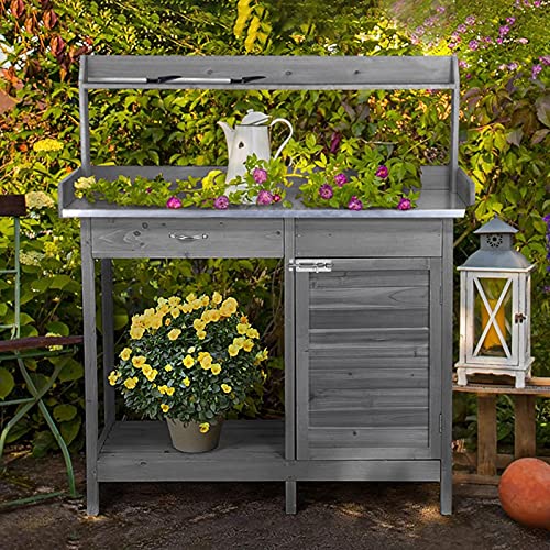 Gray Wooden Potting Bench with Cabinet Drawer B81619