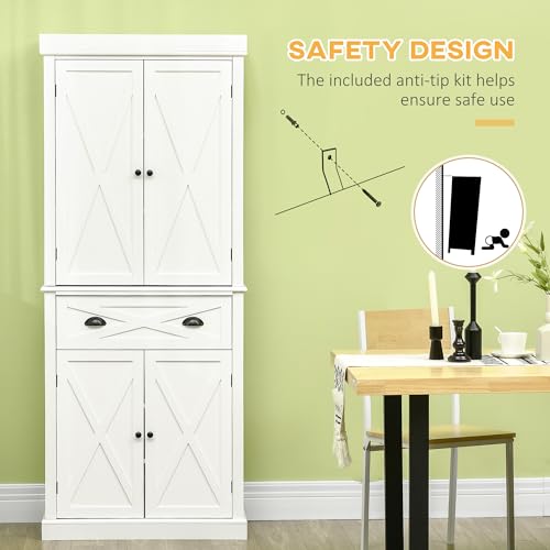 White Kitchen Pantry Storage Cabinet with 4 Doors and 3 Adjustable Shelves H385626