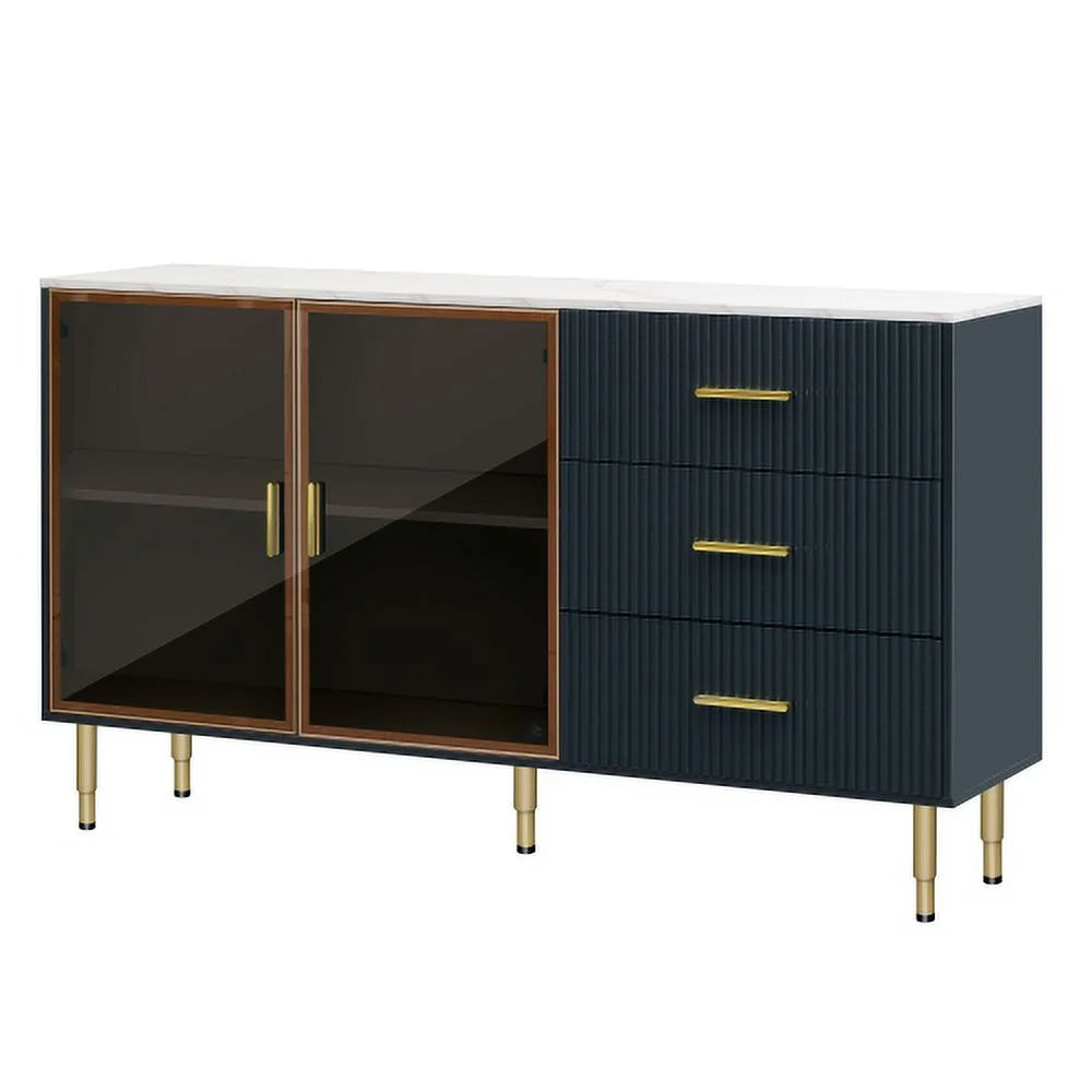 Modern MDF Buffet Cabinet with Tempered Glass Doors and Gold Metal Legs J6707
