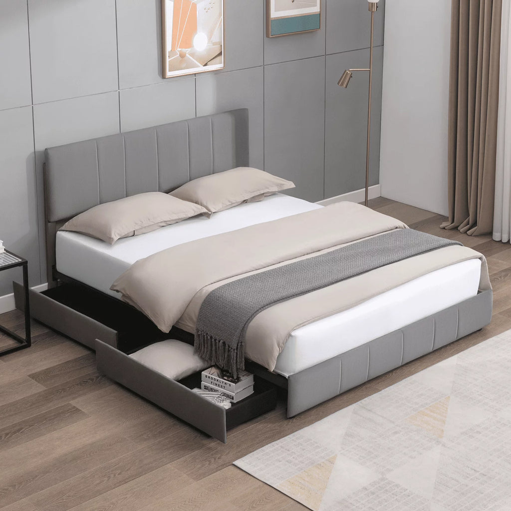 King Size Platform Bed Frame with 4 Storage Drawers and Adjustable Headboard D7569