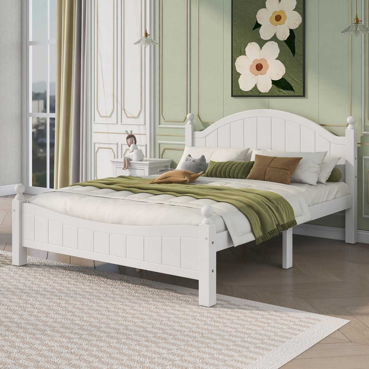 White Solid Wood Platform Bed Queen S97090