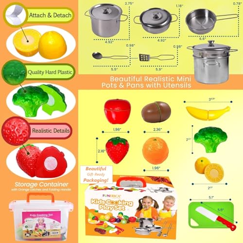 Play Food and Stainless-Steel Pots and Pans and Utensils Toy Kitchen Playset E812