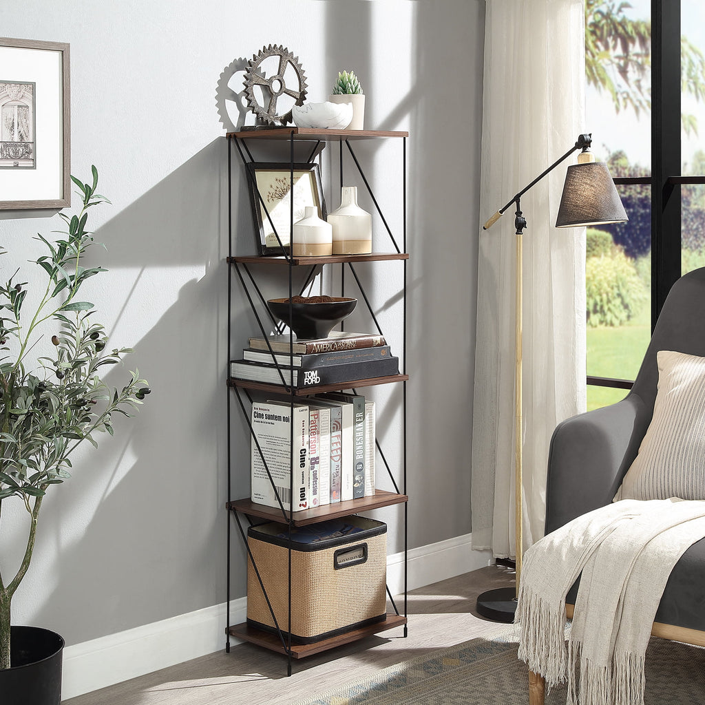 5-Tier Walnut Brown Wooden Storage Shelf with Metal Frame Y738737