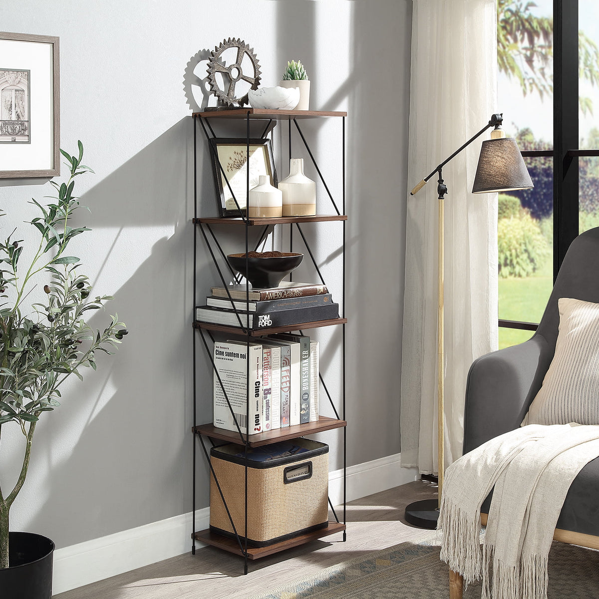 5-Tier Walnut Brown Wooden Storage Shelf with Metal Frame Y738737