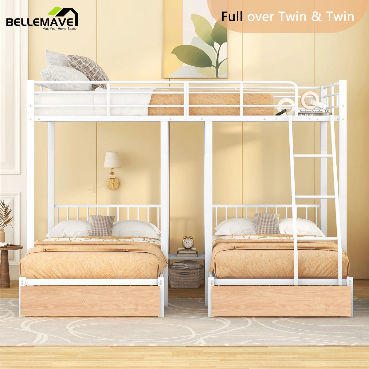 White Metal Triple Bunk Bed with Storage Drawers B38738