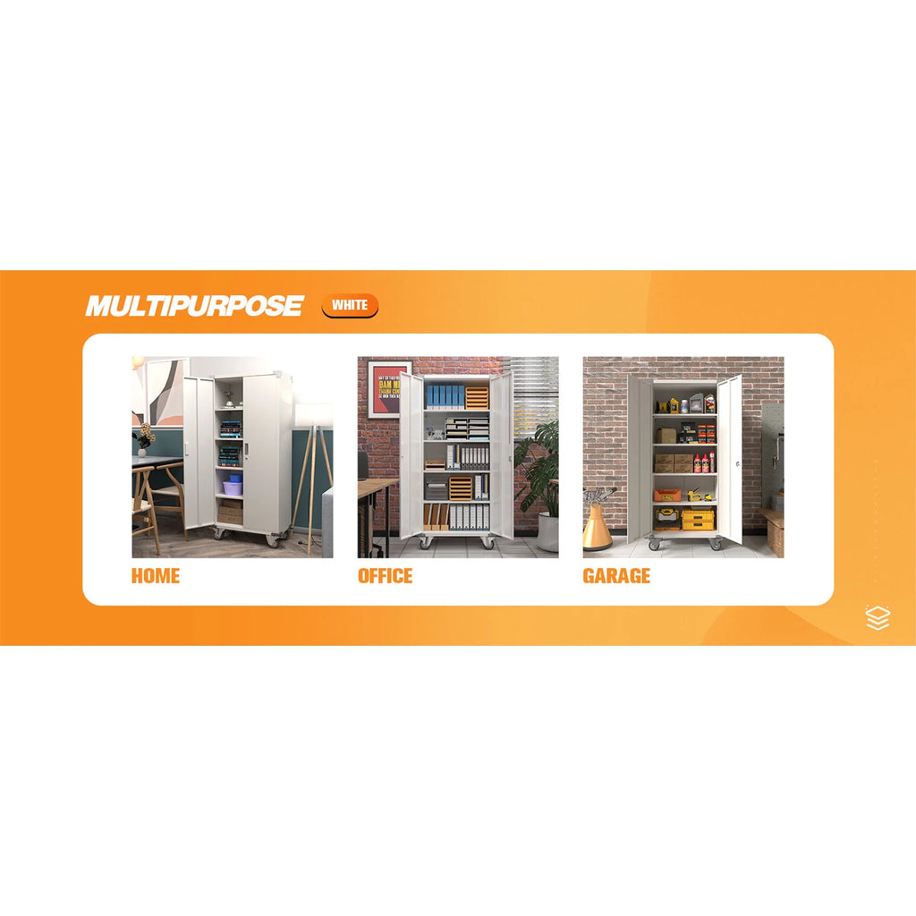 72” Locking Metal Garage Storage Cabinet with Wheels & Pegboards, White N985772