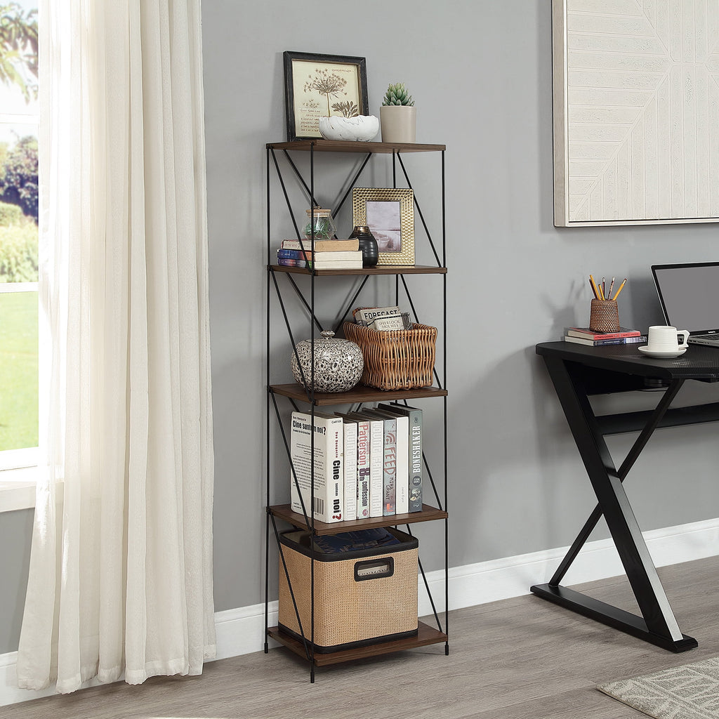 5-Tier Walnut Brown Wooden Storage Shelf with Metal Frame Y738737