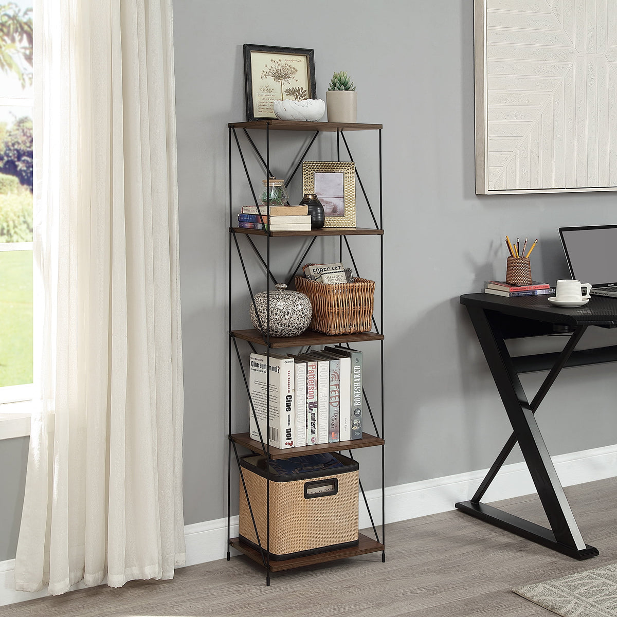 5-Tier Walnut Brown Wooden Storage Shelf with Metal Frame Y738737