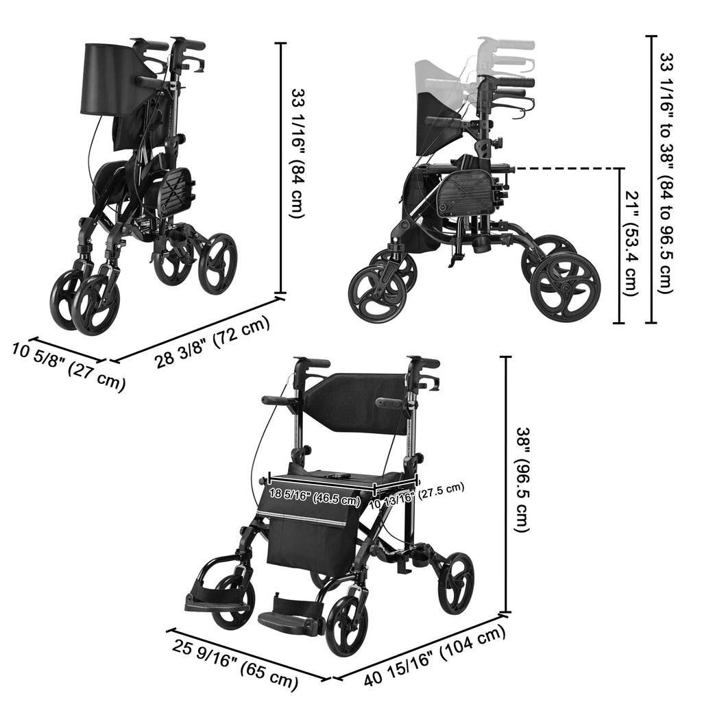 2 in 1 Rollator Walker Transport Wheelchair with Backrest Footrests Foldable Black O197