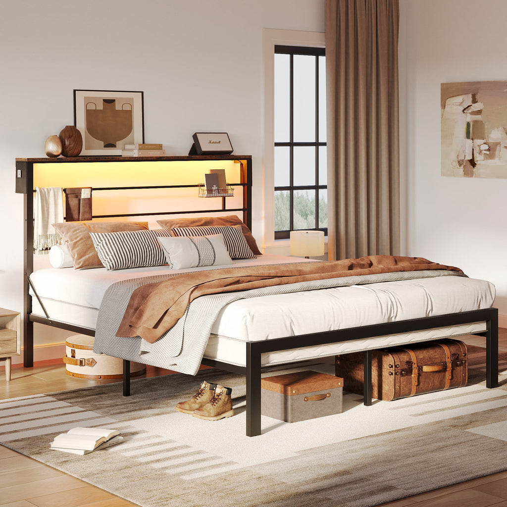 Queen Size Black Metal Platform Bed Frame with Storage Headboard K88047