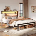 Queen Size Black Metal Platform Bed Frame with Storage Headboard K88047