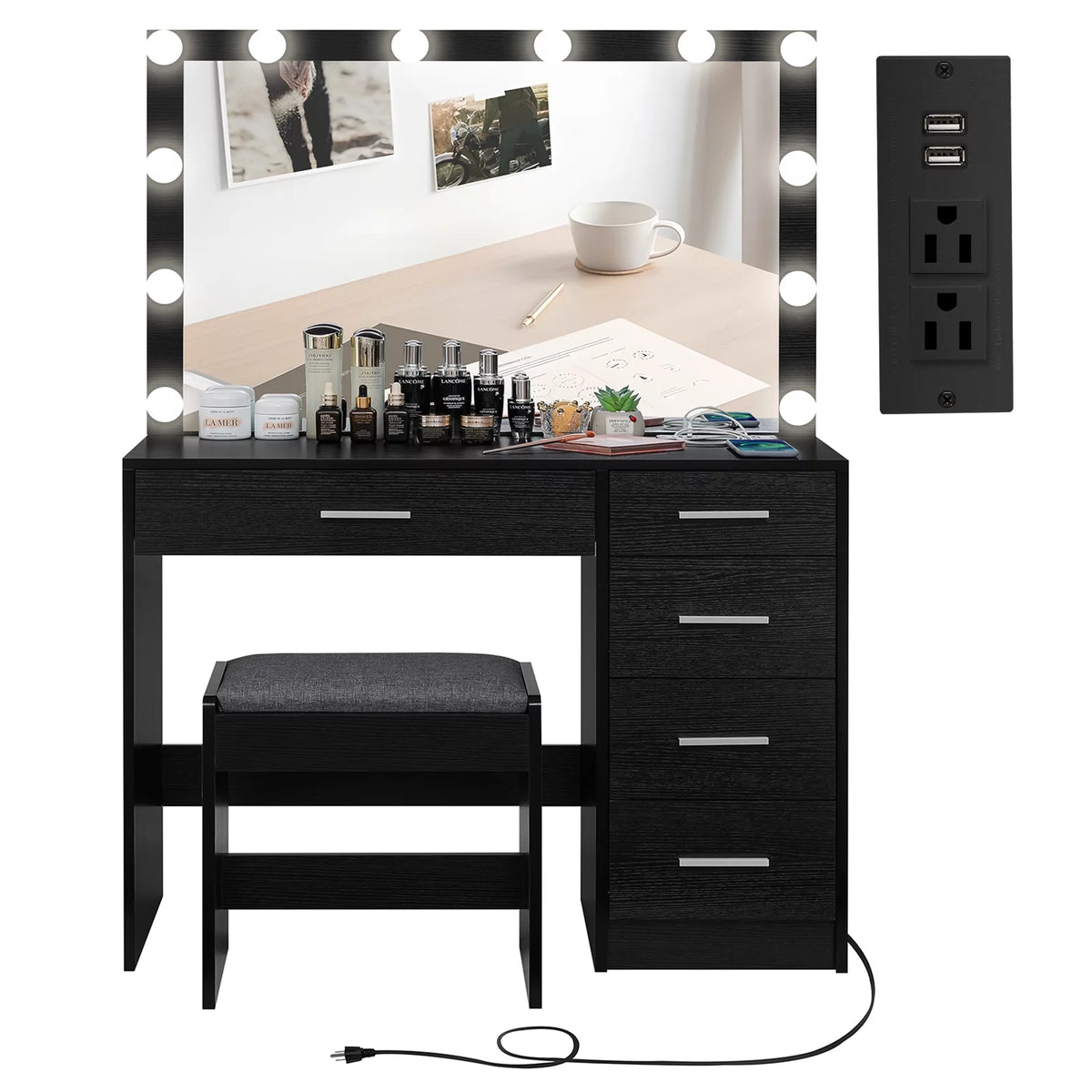 Black Makeup Vanity Table with Lighted Mirror and Stool C686