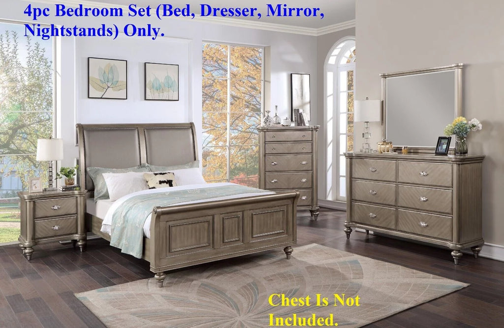 Grey 4p Eastern King Size Bed Dresser Mirror Nightstand I38553