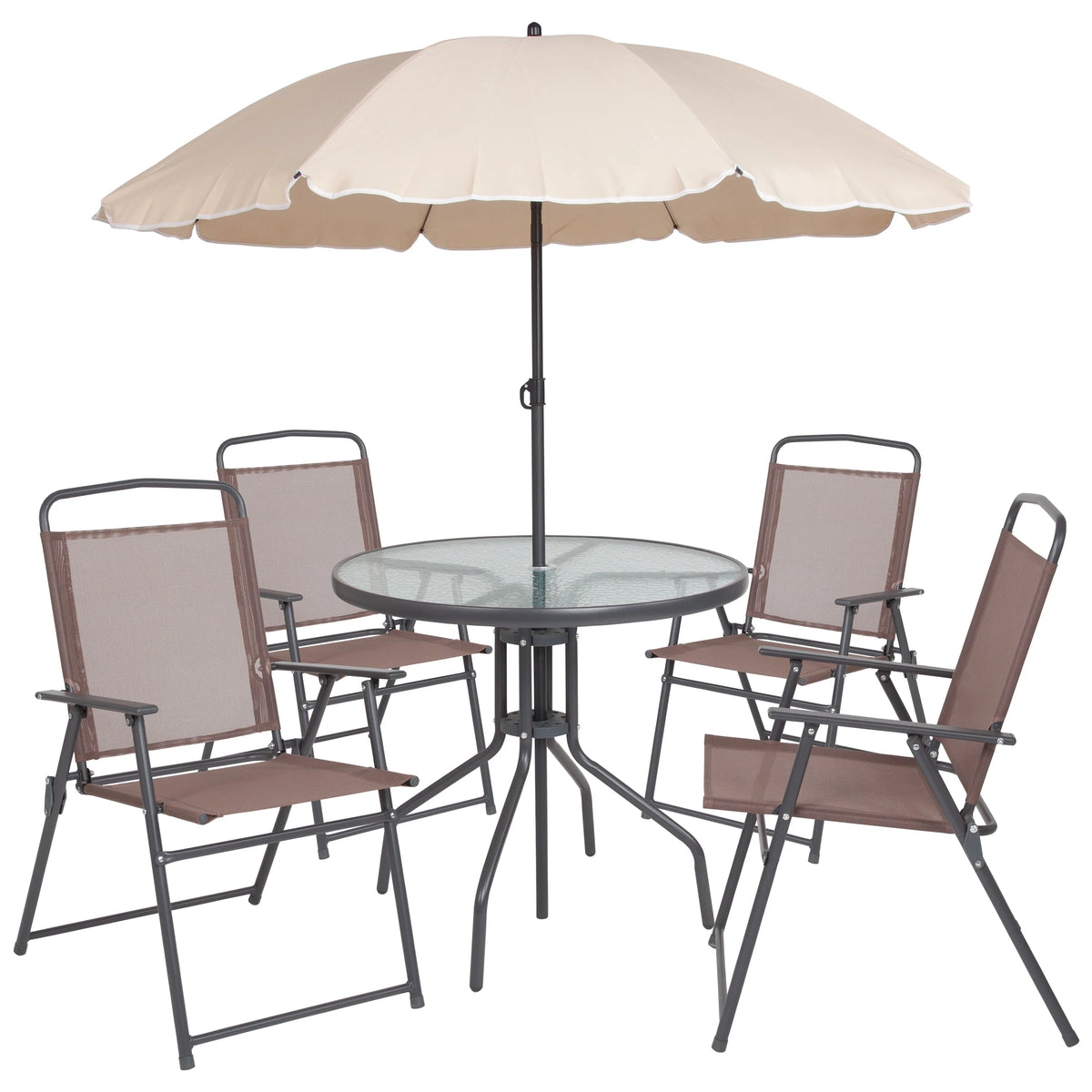 6-Piece Patio Set with Glass Table, Umbrella, and 4 Folding Chairs, Black D615056