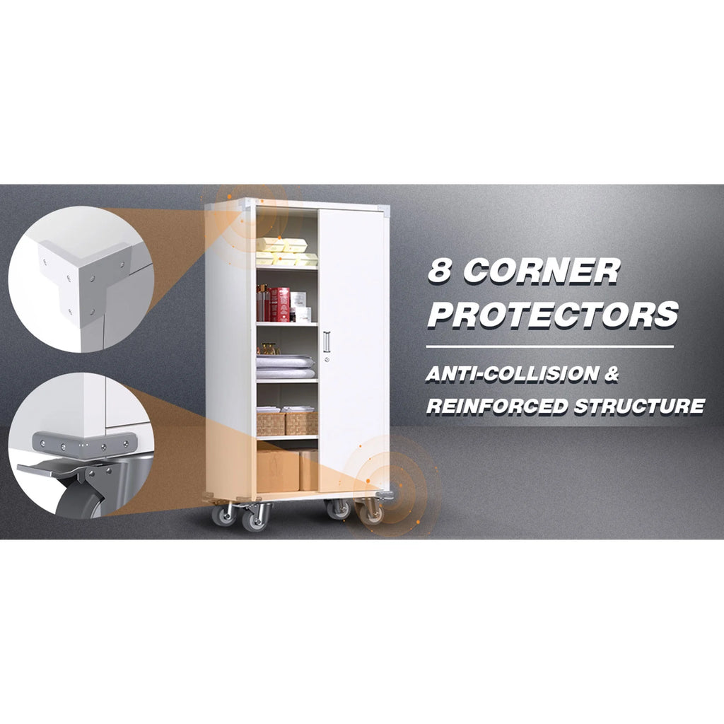 72” Locking Metal Garage Storage Cabinet with Wheels & Pegboards, White N985772