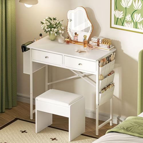 White 32 Inch Vanity Desk with Fabric Drawer M39883