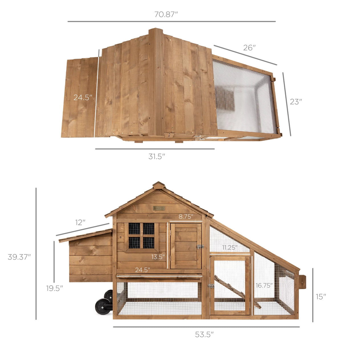 70in Fir Wood Chicken Coop with Wheels L93433