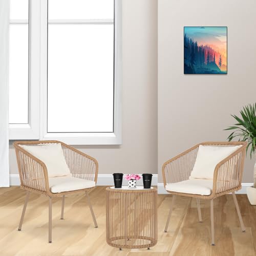 3-Piece Wicker Patio Bistro Set with 2 Chairs Coffee Table Cushions N64467