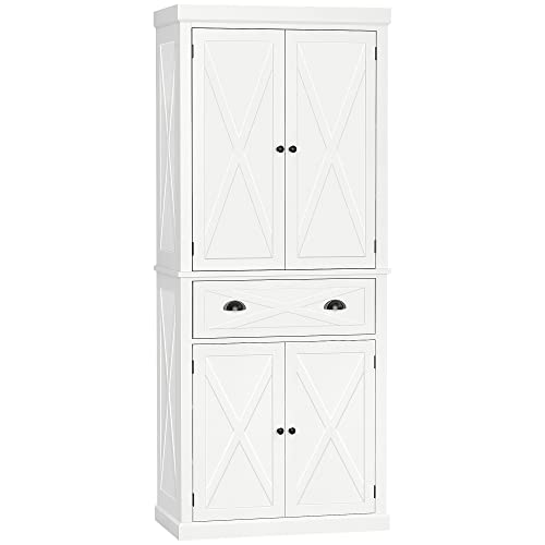 White Kitchen Pantry Storage Cabinet with 4 Doors and 3 Adjustable Shelves H385626
