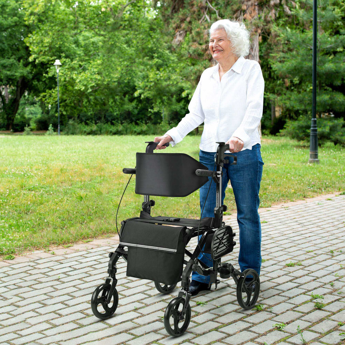 2 in 1 Rollator Walker Transport Wheelchair with Backrest Footrests Foldable Black O197