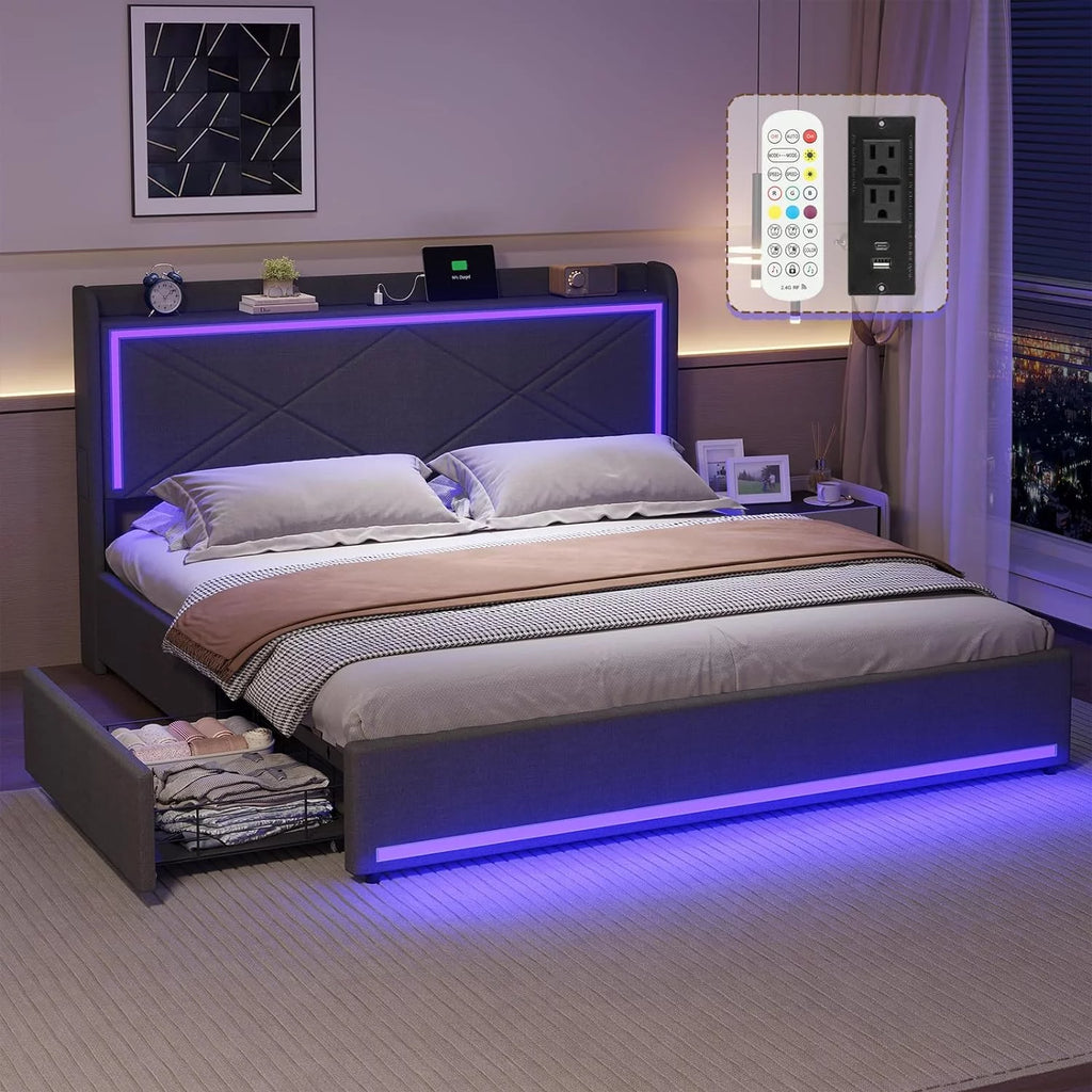 Queen Bed Frame with LED Lights Headboard and Charging Station, Upholstered Platform Bed with Storage Drawers, Dark Gray Q31804