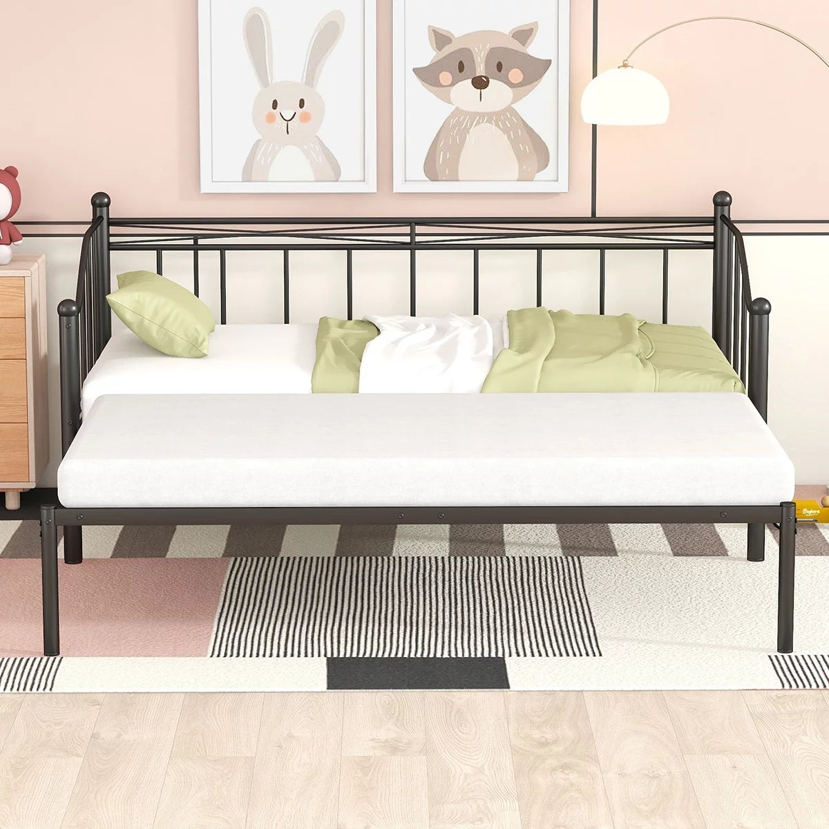 Twin Size Black Metal Daybed with Trundle W788461
