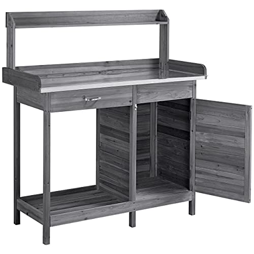 Gray Wooden Potting Bench with Cabinet Drawer B81619