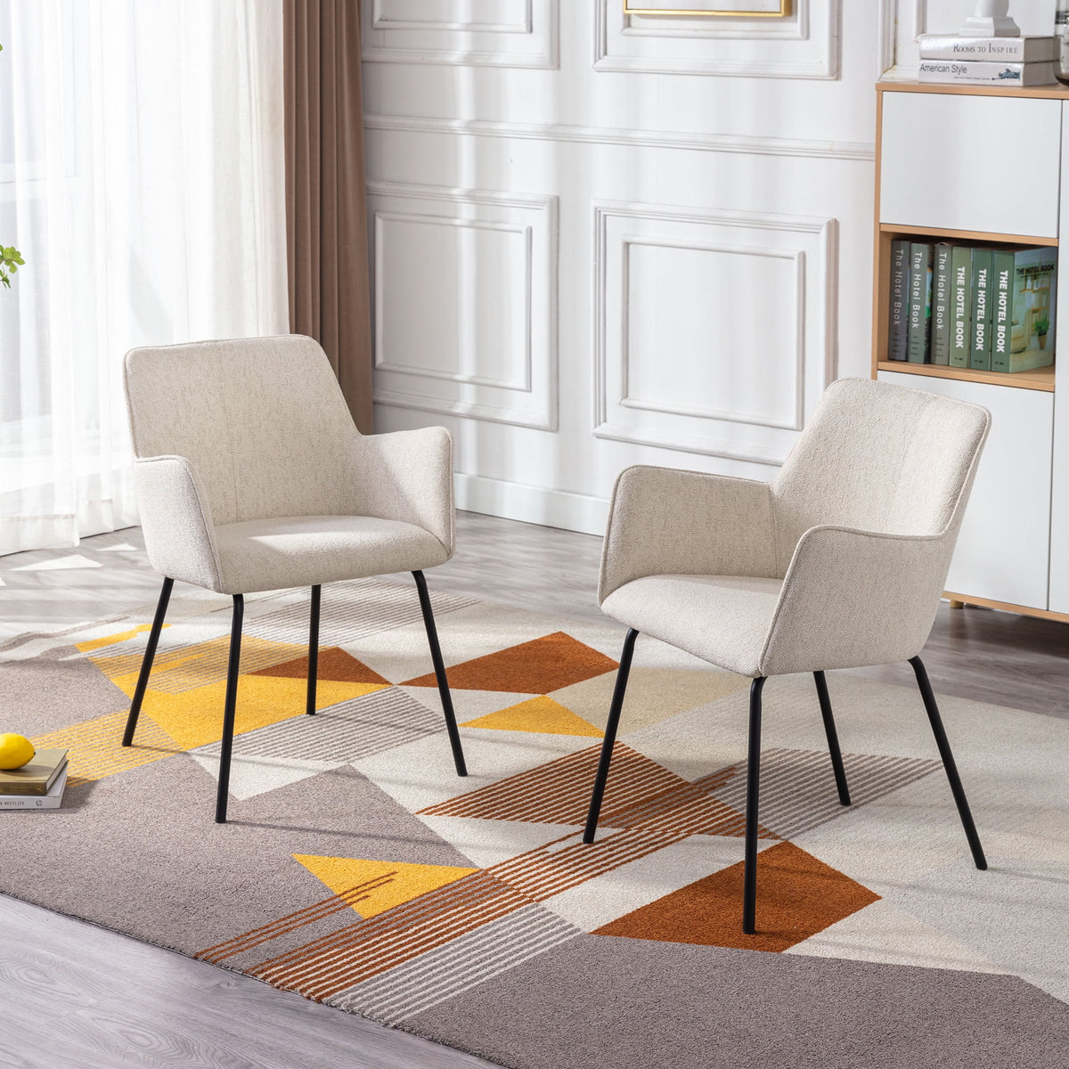 Beige Linen Upholstered Dining Chairs Set of 2 with Black Metal Legs L84825