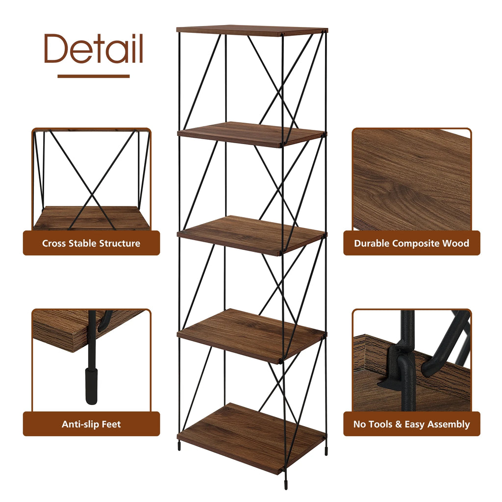 5-Tier Walnut Brown Wooden Storage Shelf with Metal Frame Y738737