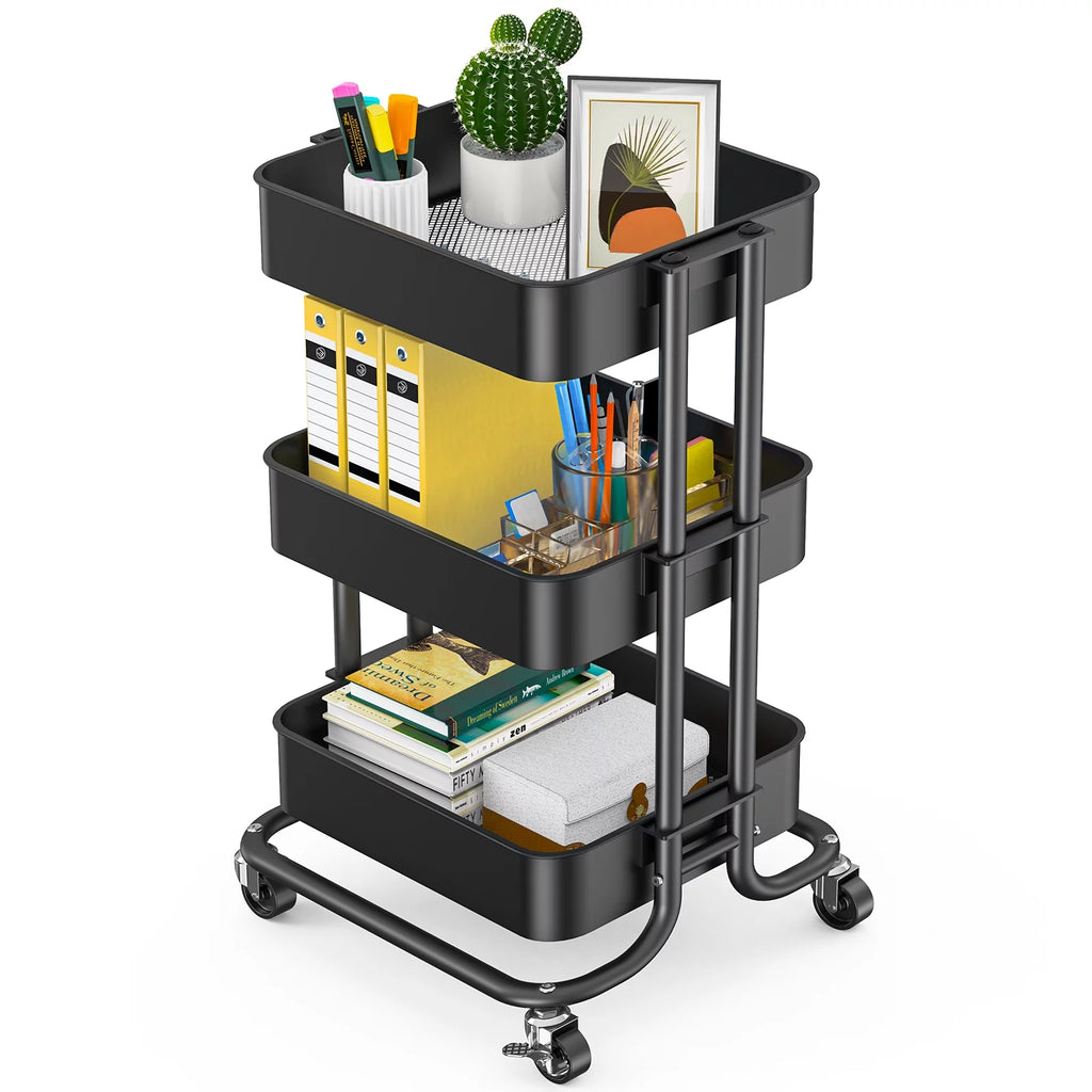 3-Tier Metal Rolling Utility Cart with 2 Lockable Wheels C1333