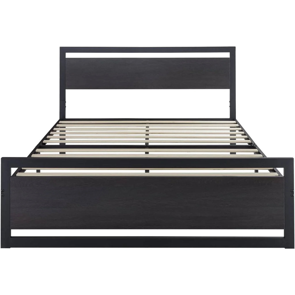 Black Metal Platform Bed Frame with Wood Headboard and Footboard D32304